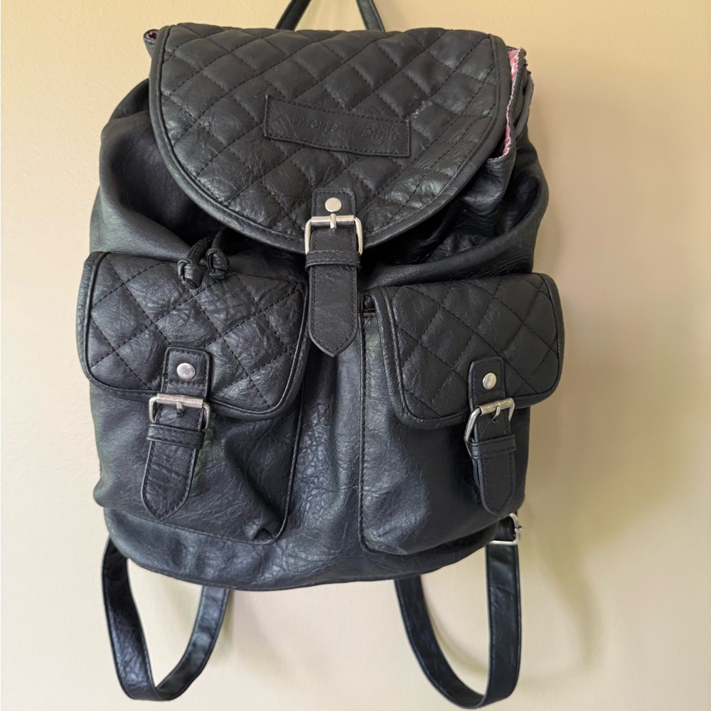Quilted Leather American Eagle Backpack with Cute Pink Striped Lining
